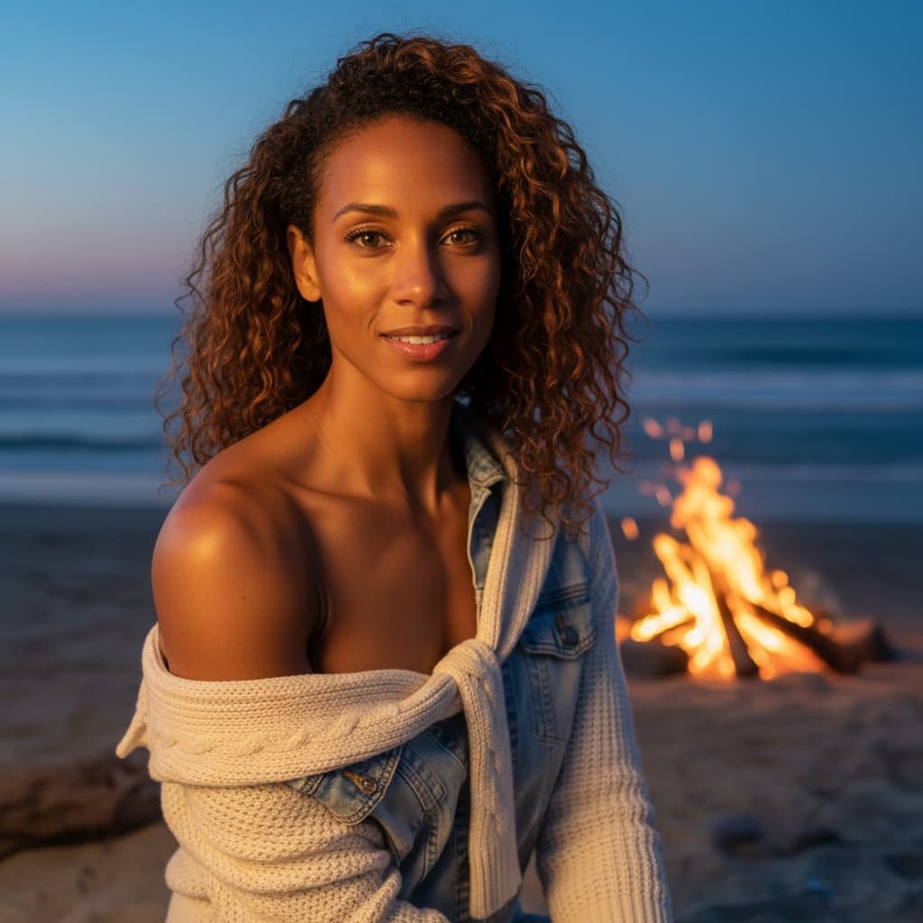 athletic black woman beach bonfire evening 55894343