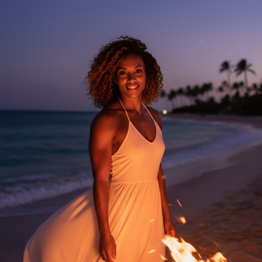 athletic black woman beach bonfire evening 77499836