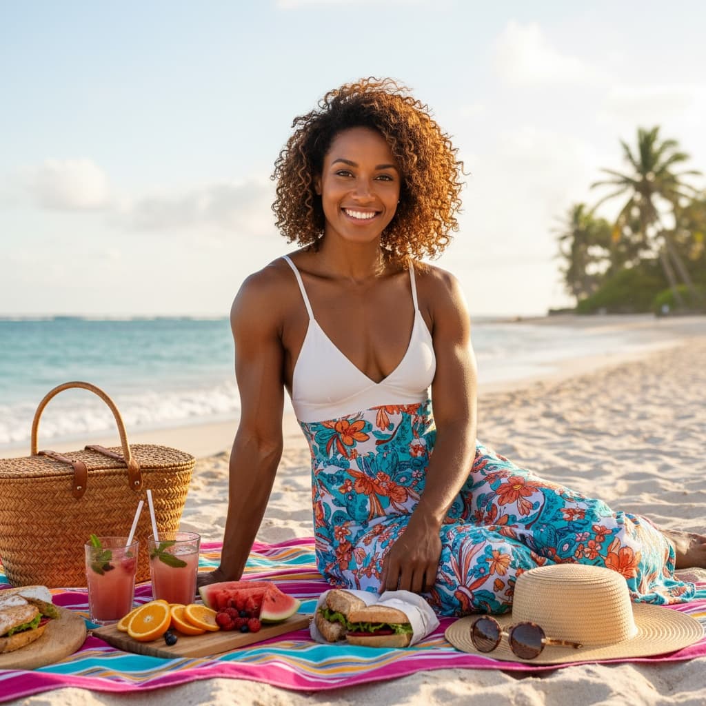 athletic black woman beach picnic lifestyle 47521234