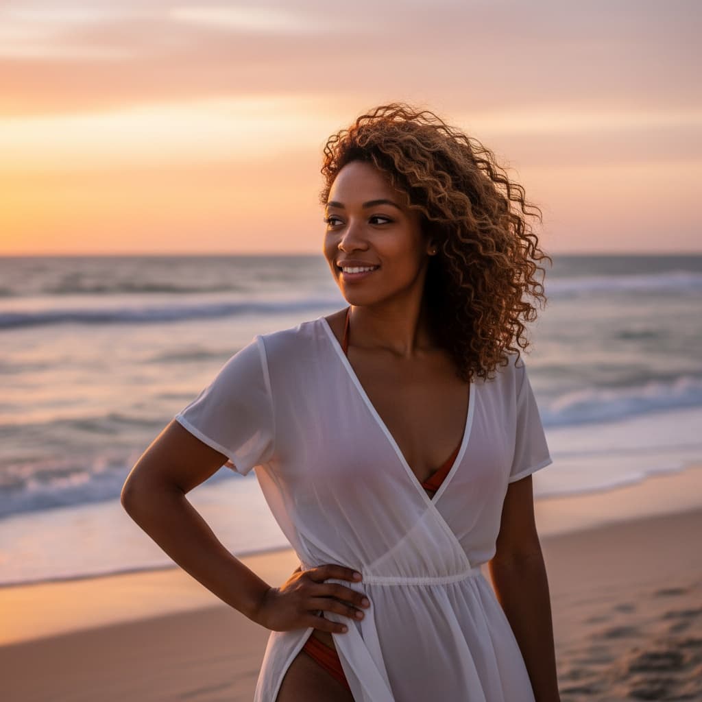 athletic black woman beach sunset golden hour 53050087