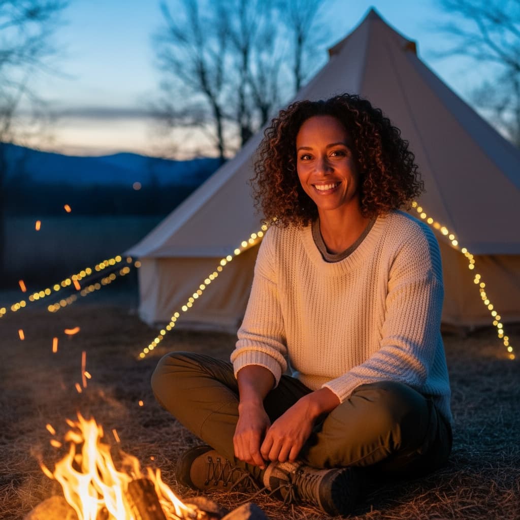 athletic black woman campfire relaxed evening 88928411