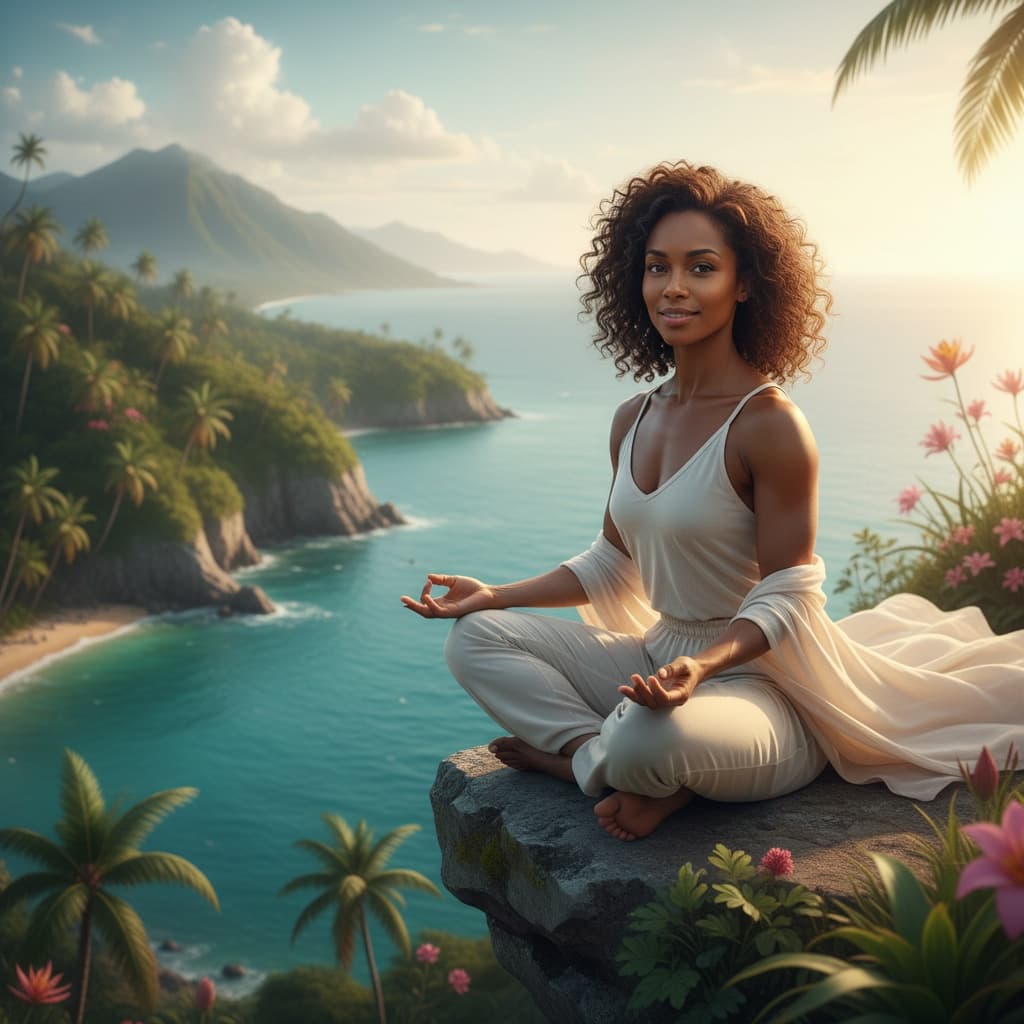 athletic black woman cliff overlook meditation 38344912