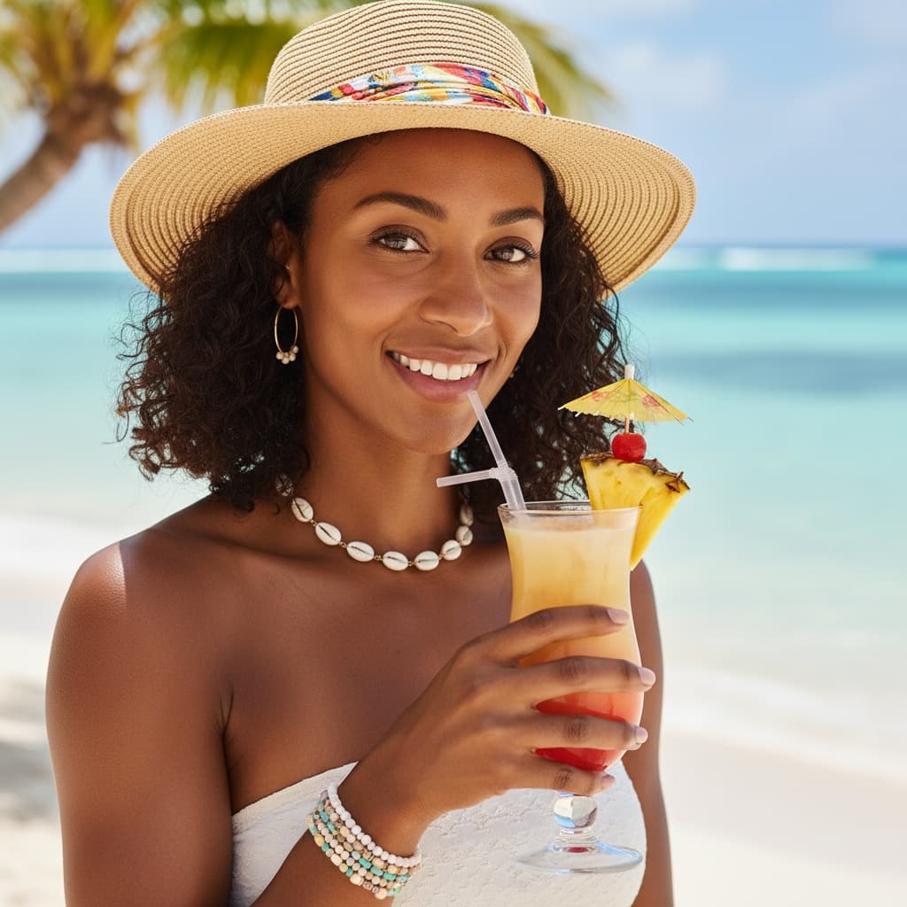 athletic black woman close up tropical drink 34761977