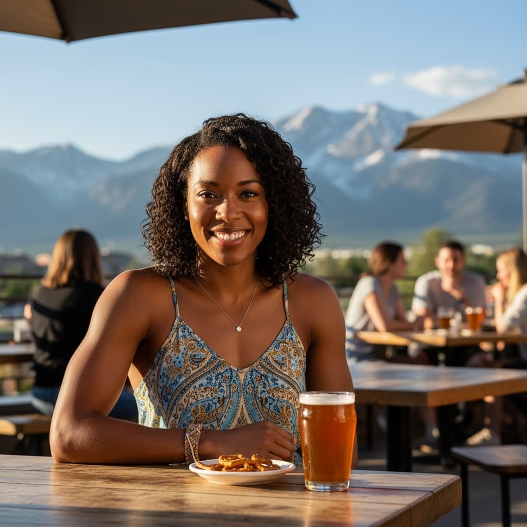 athletic black woman denver beer patio mountains 85697141