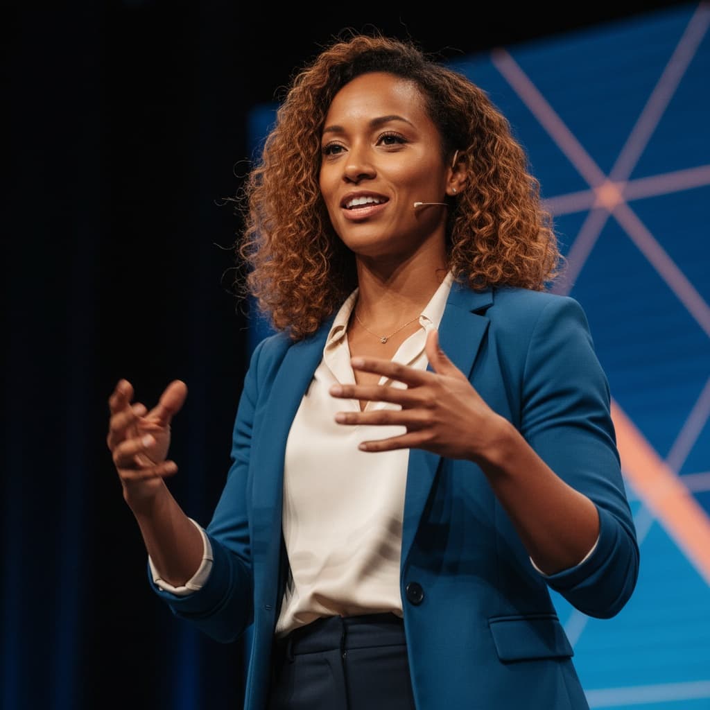 athletic black woman dynamic gesture speaking 58573015