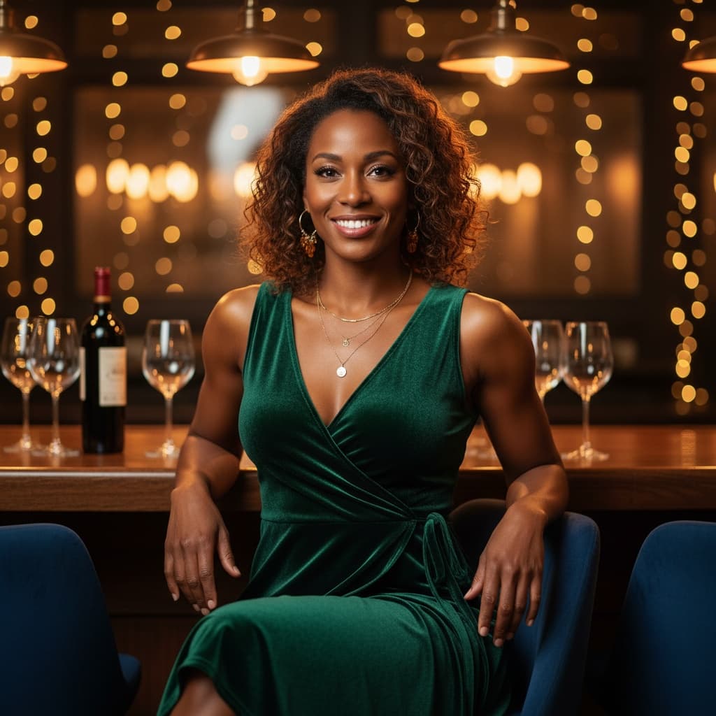 athletic black woman elegant wine bar setting 26957892