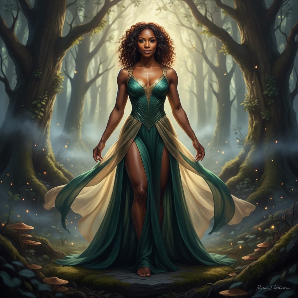 athletic black woman fantasy forest setting 21436212