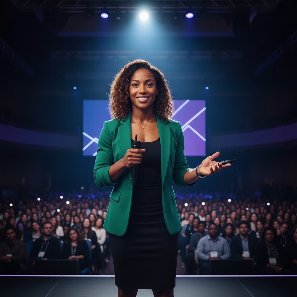 athletic black woman on stage presenting wide 11863886
