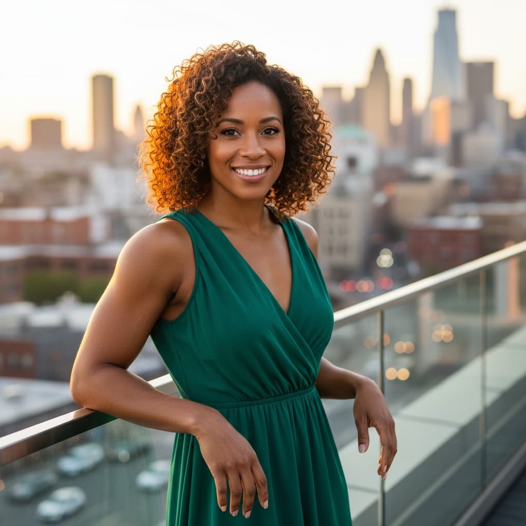 athletic black woman rooftop terrace urban chic 90822240