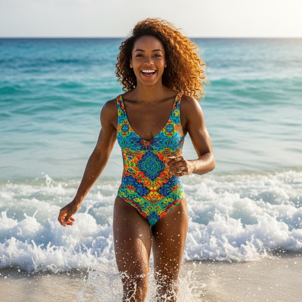 athletic black woman running through water 74489486