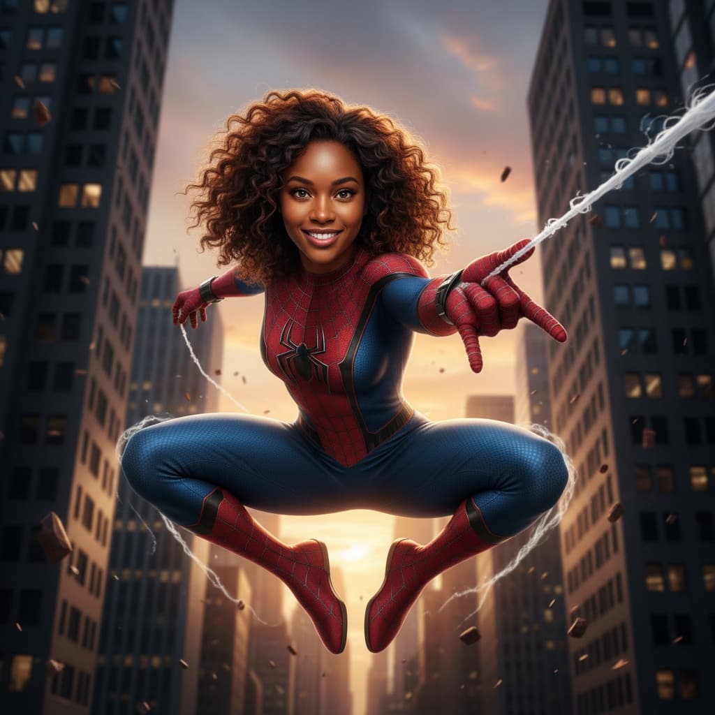 athletic black woman spider man web slinging action 75706197