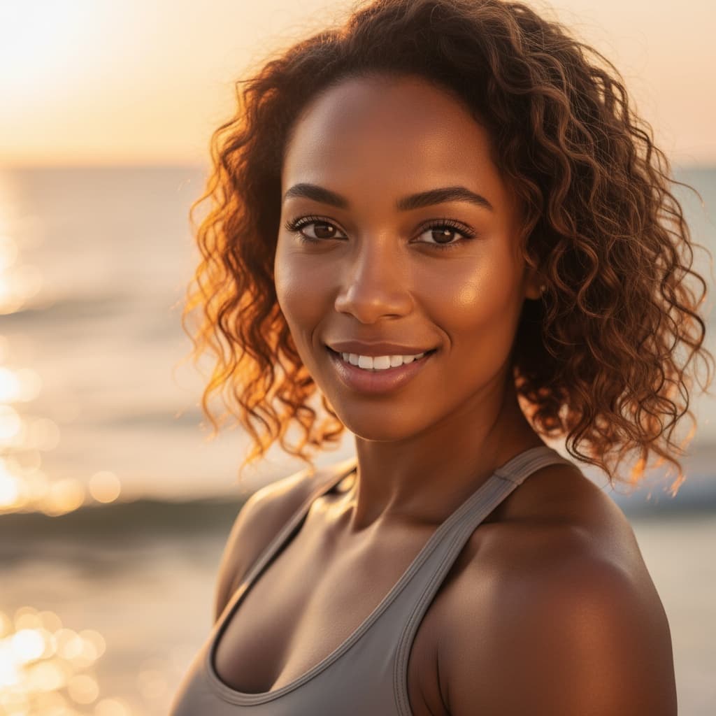 athletic black woman sunset beach portrait closeup 13920376
