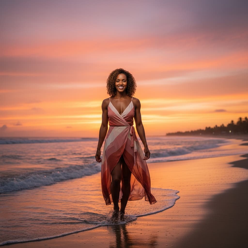athletic black woman sunset beach walk 56403097