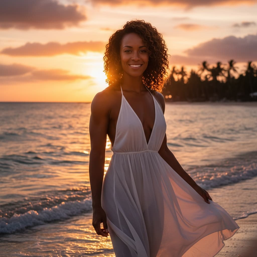 athletic black woman sunset silhouette water edge 63300176