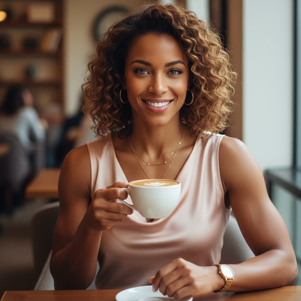 athletic black woman upscale cafe casual chic 64010546