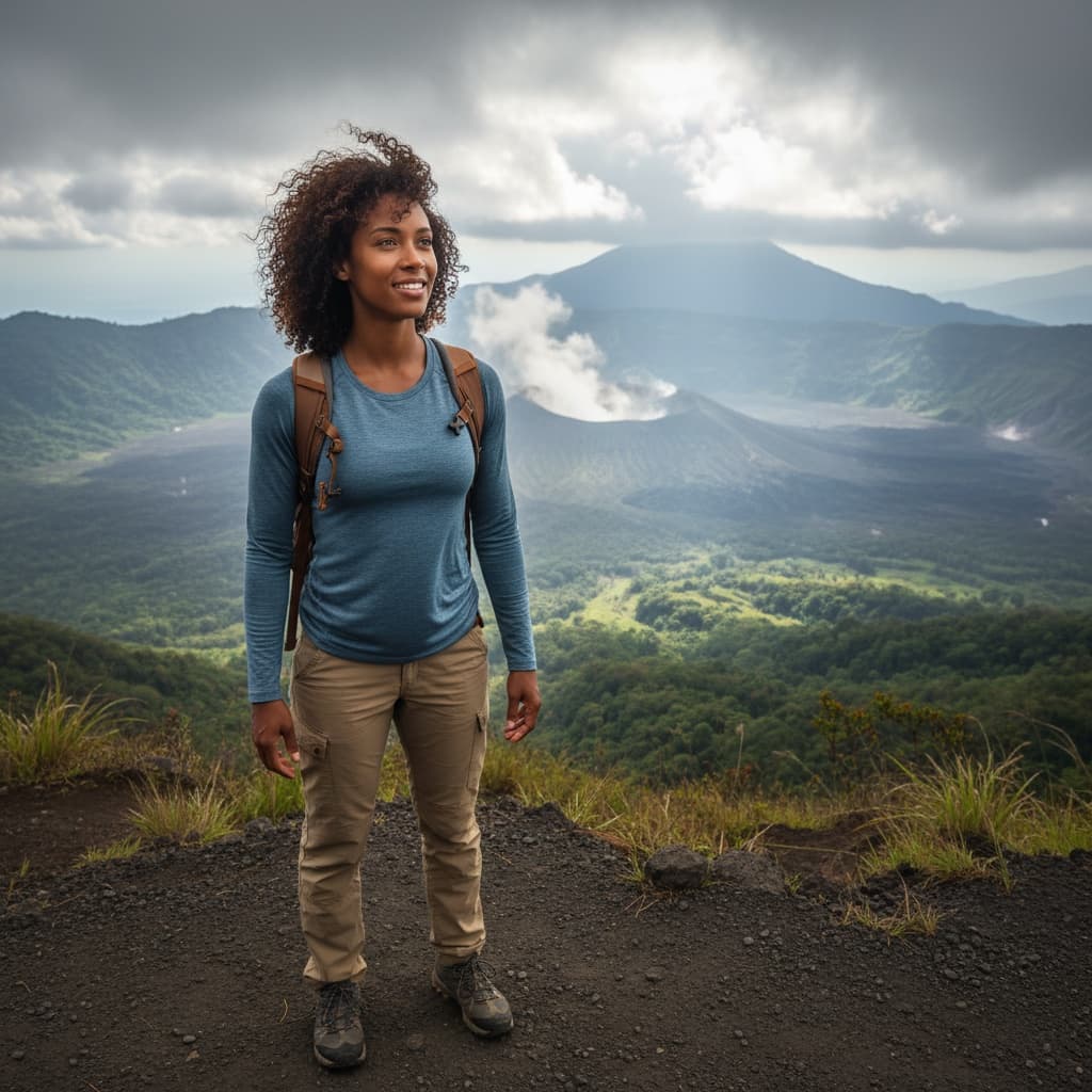 athletic black woman volcano hiking overlook 23912075