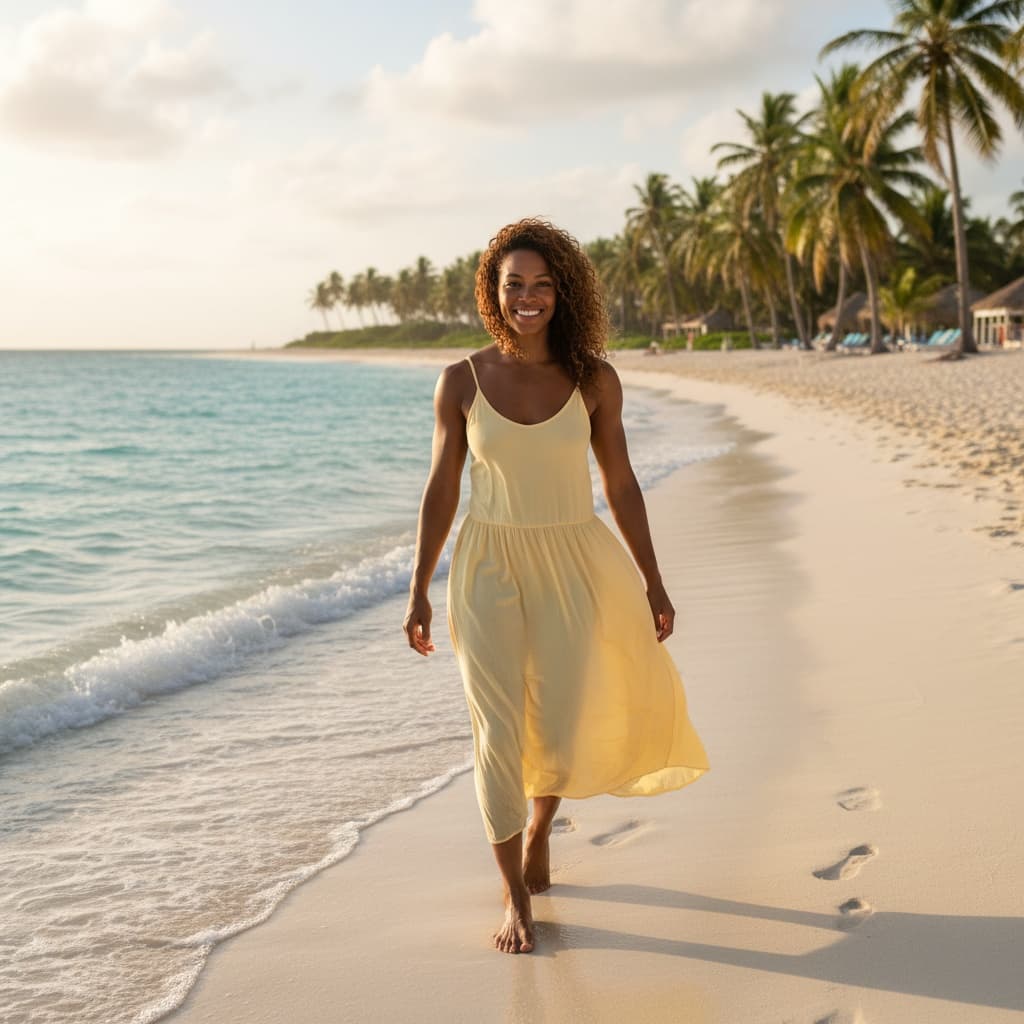 athletic black woman walking along shoreline sunset 89364912