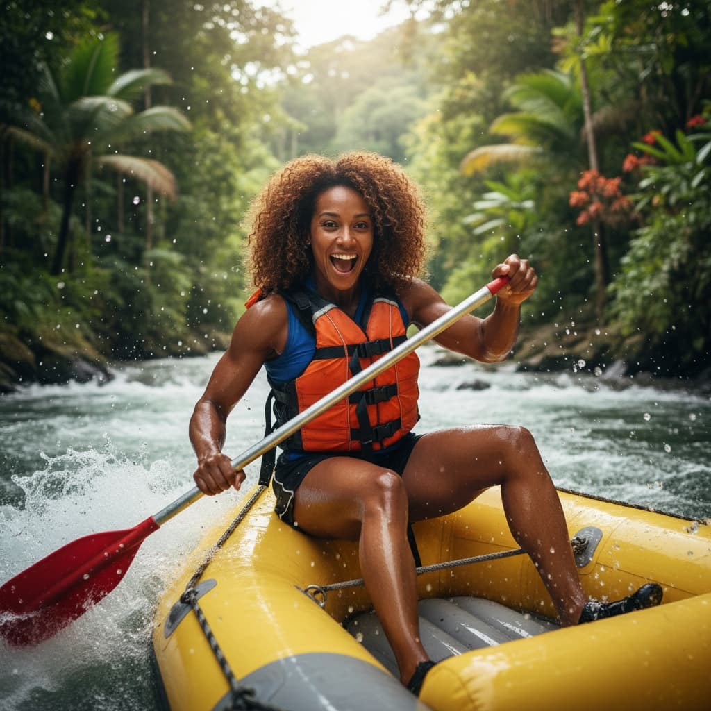 athletic black woman whitewater rafting action 38386268