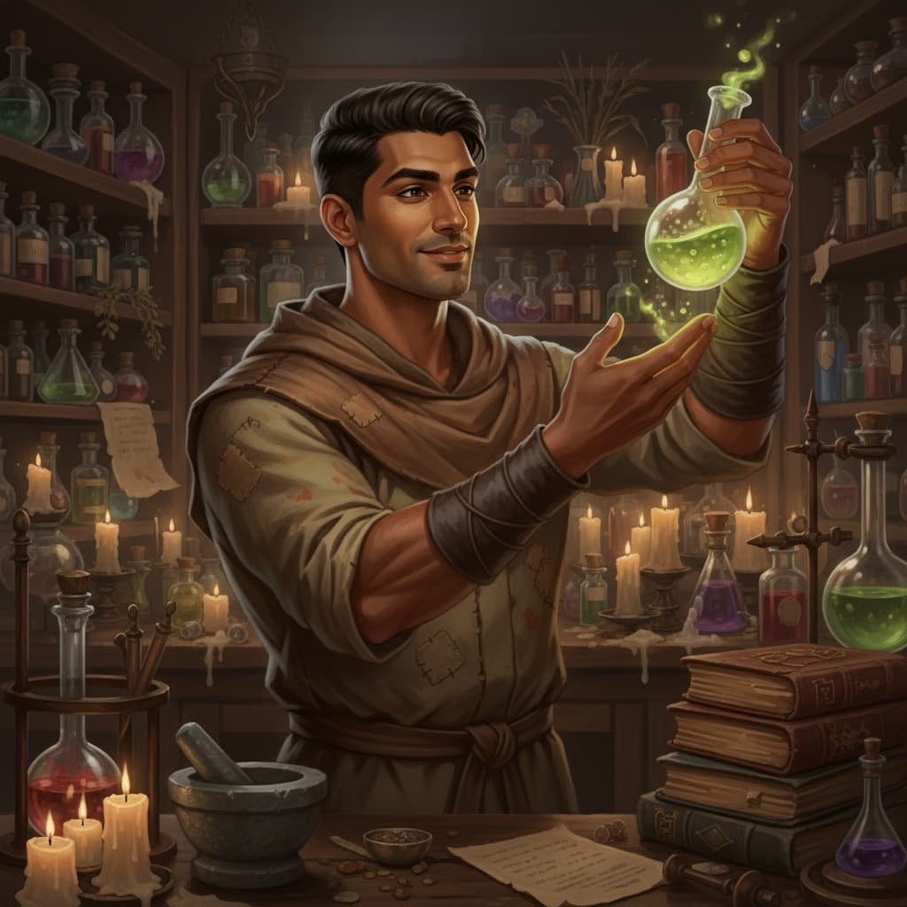 athletic indian man alchemist laboratory work 33265480