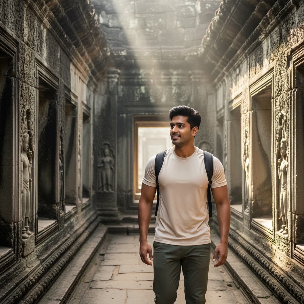 athletic indian man angkor wat temple corridor 90743055