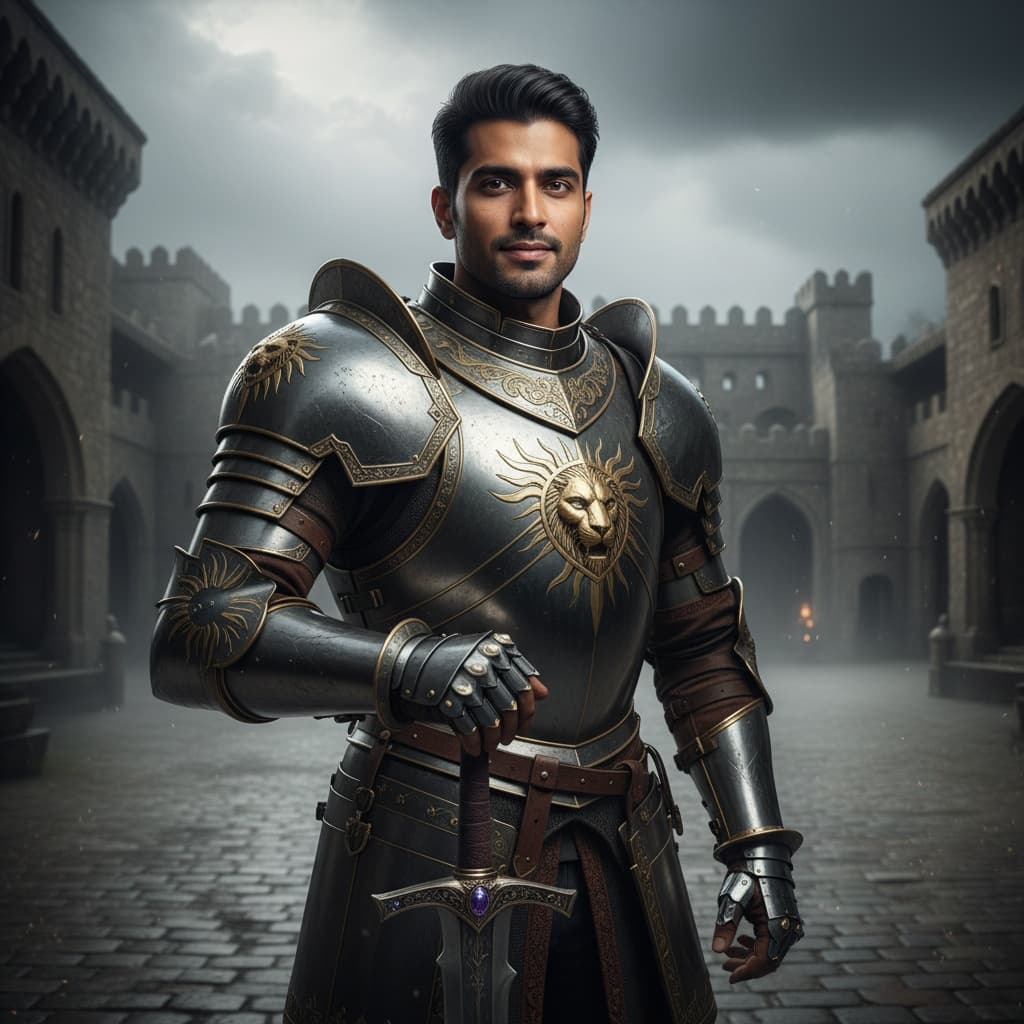 athletic indian man armored knight portrait 43975678