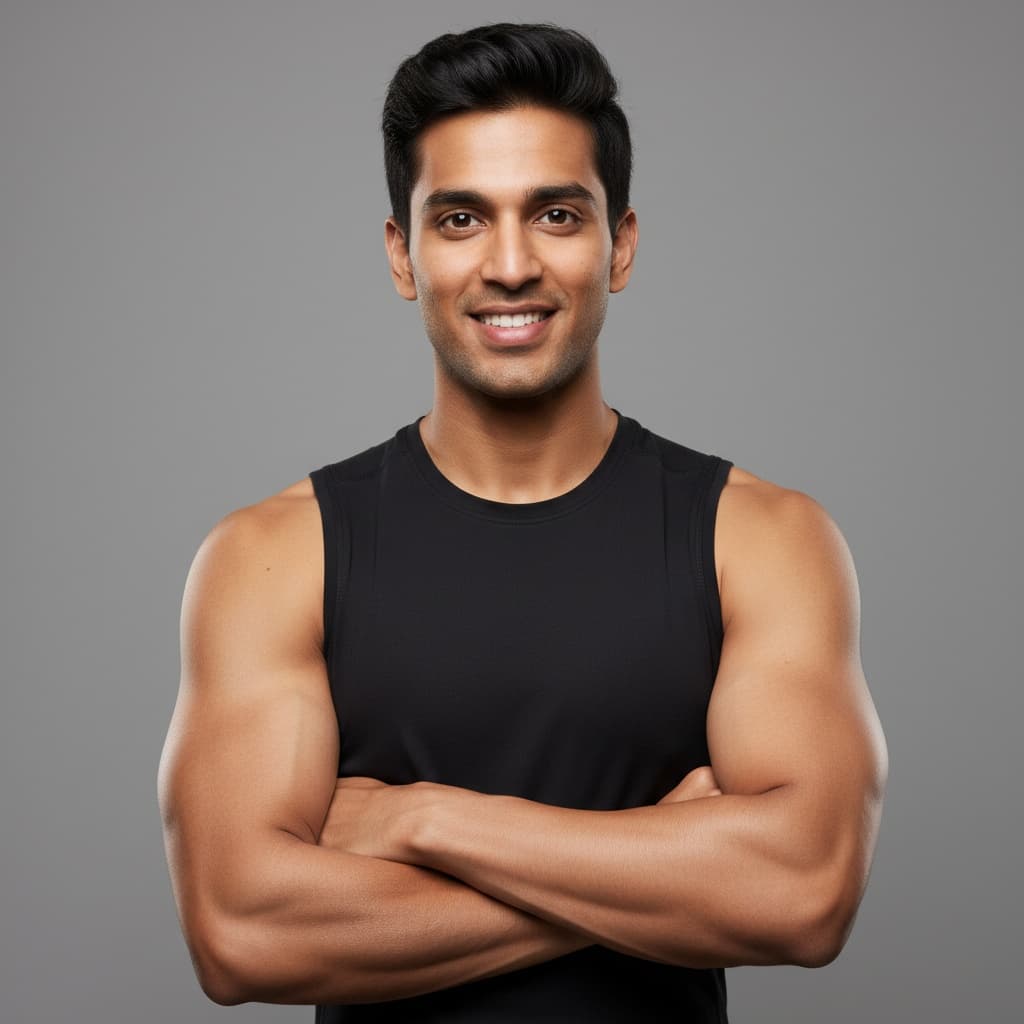 athletic indian man arms crossed confident stance 97450111