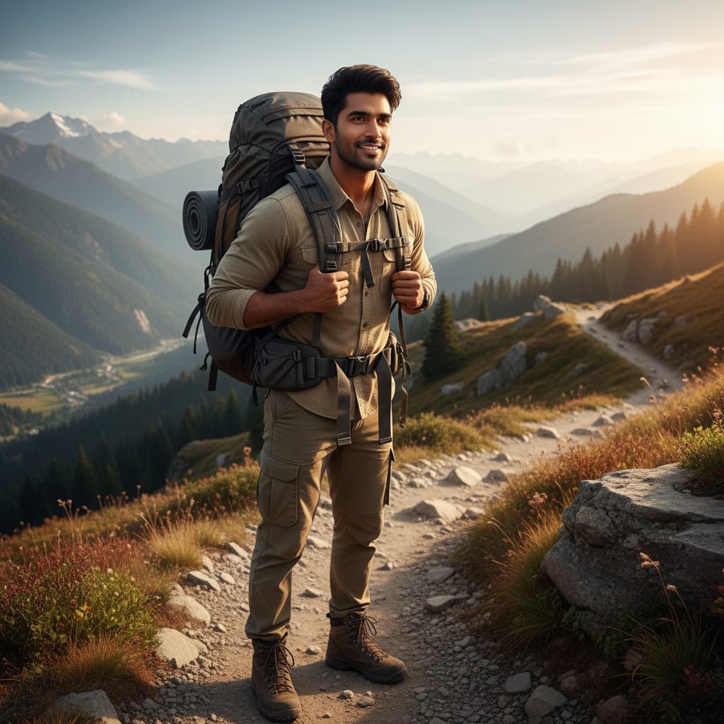 athletic indian man backpacking adventure portrait 28648552