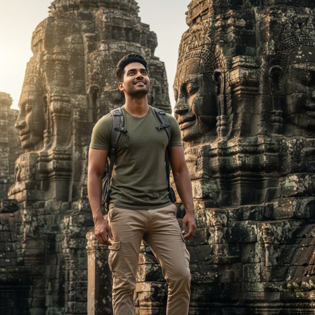 athletic indian man bayon temple stone faces 91343056