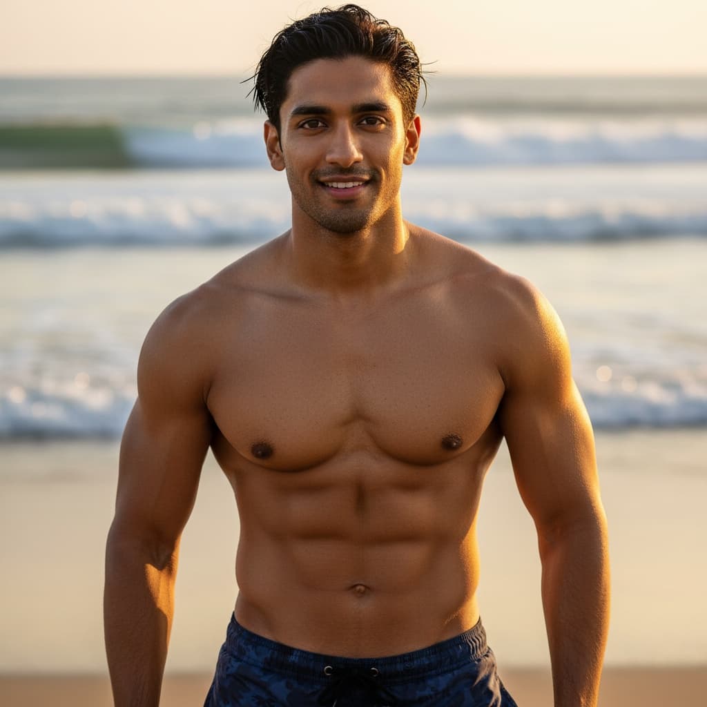 athletic indian man beach golden hour portrait 72323847