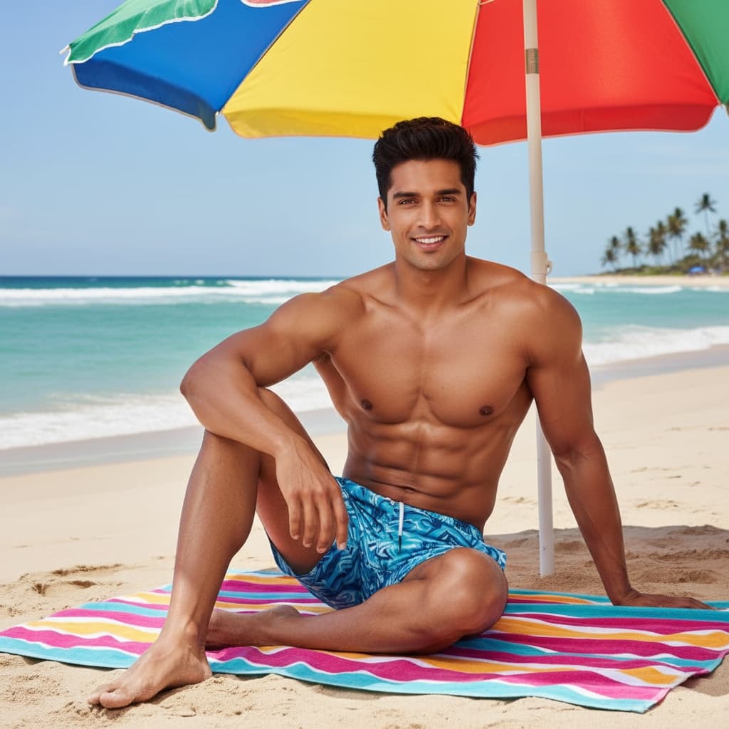 athletic indian man beach towel sitting casual 73959642