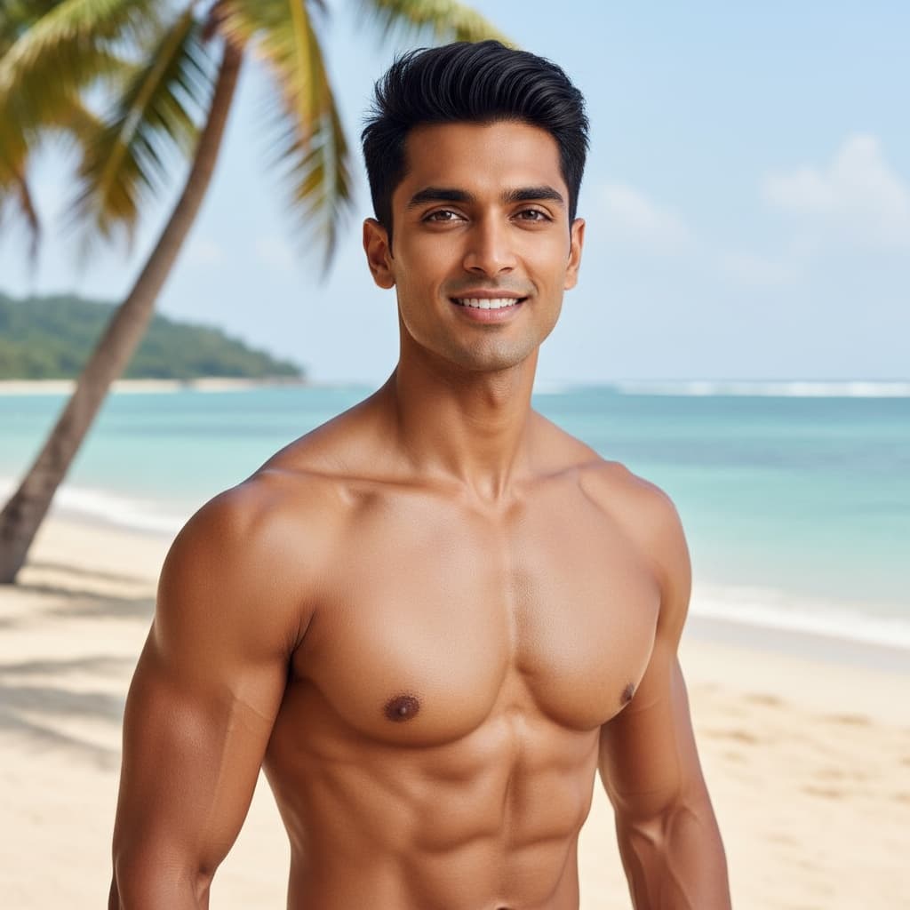 athletic indian man beachfront warrior pose 75237870