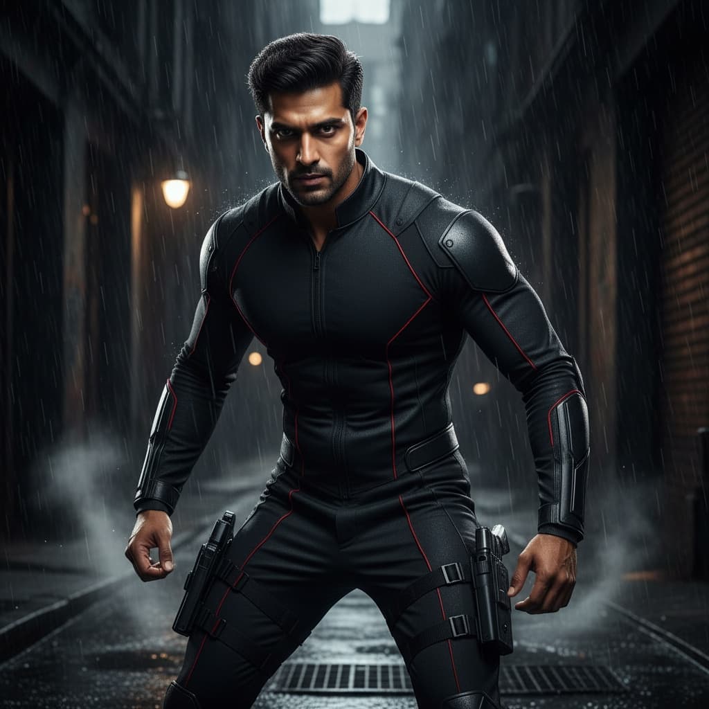 athletic indian man black widow tactical pose 54072098