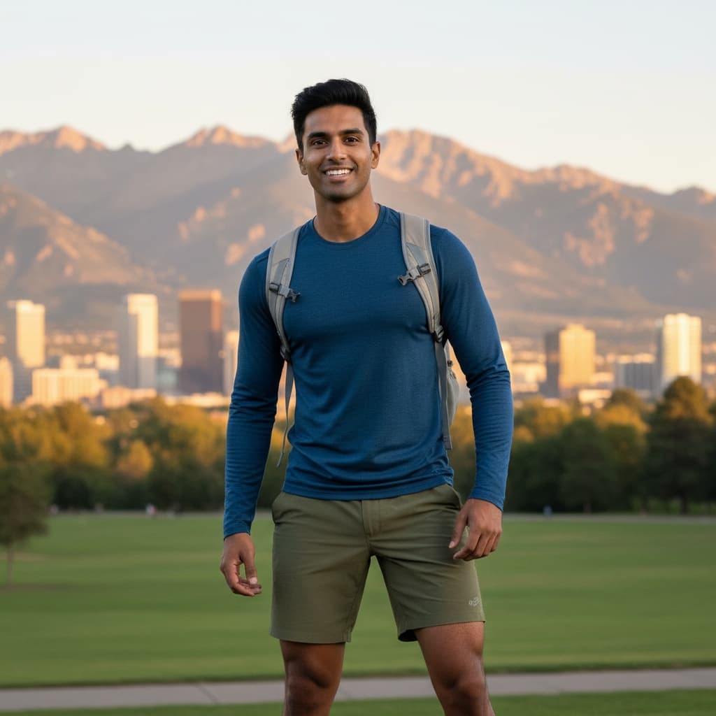 athletic indian man city park mountain backdrop 80805217