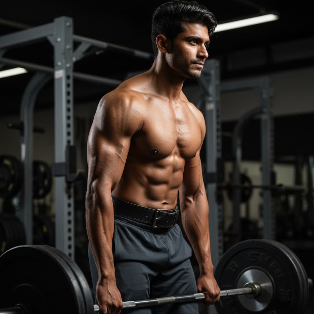 athletic indian man deadlift power pose 58786384