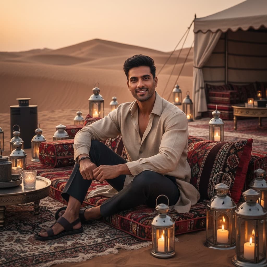 athletic indian man desert luxury camp evening 60504466
