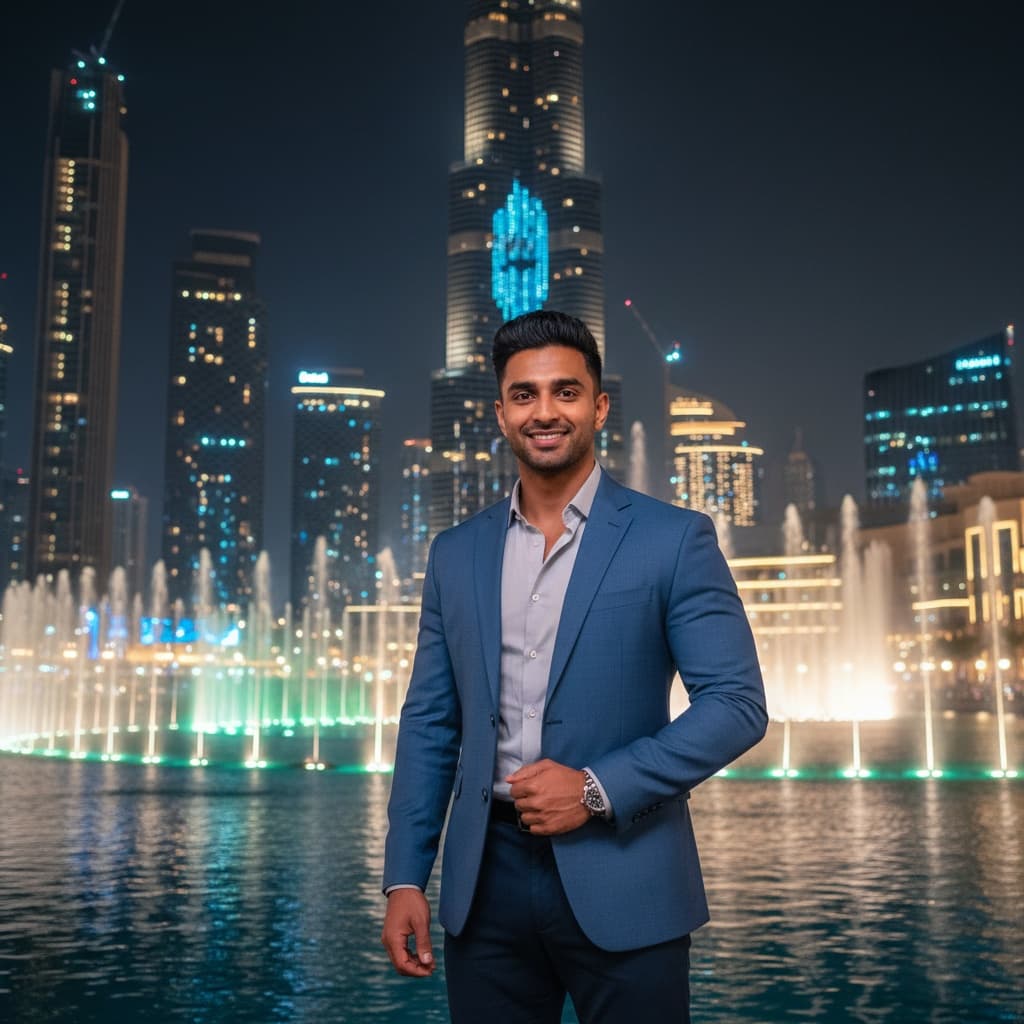athletic indian man downtown dubai fountain show 23958211