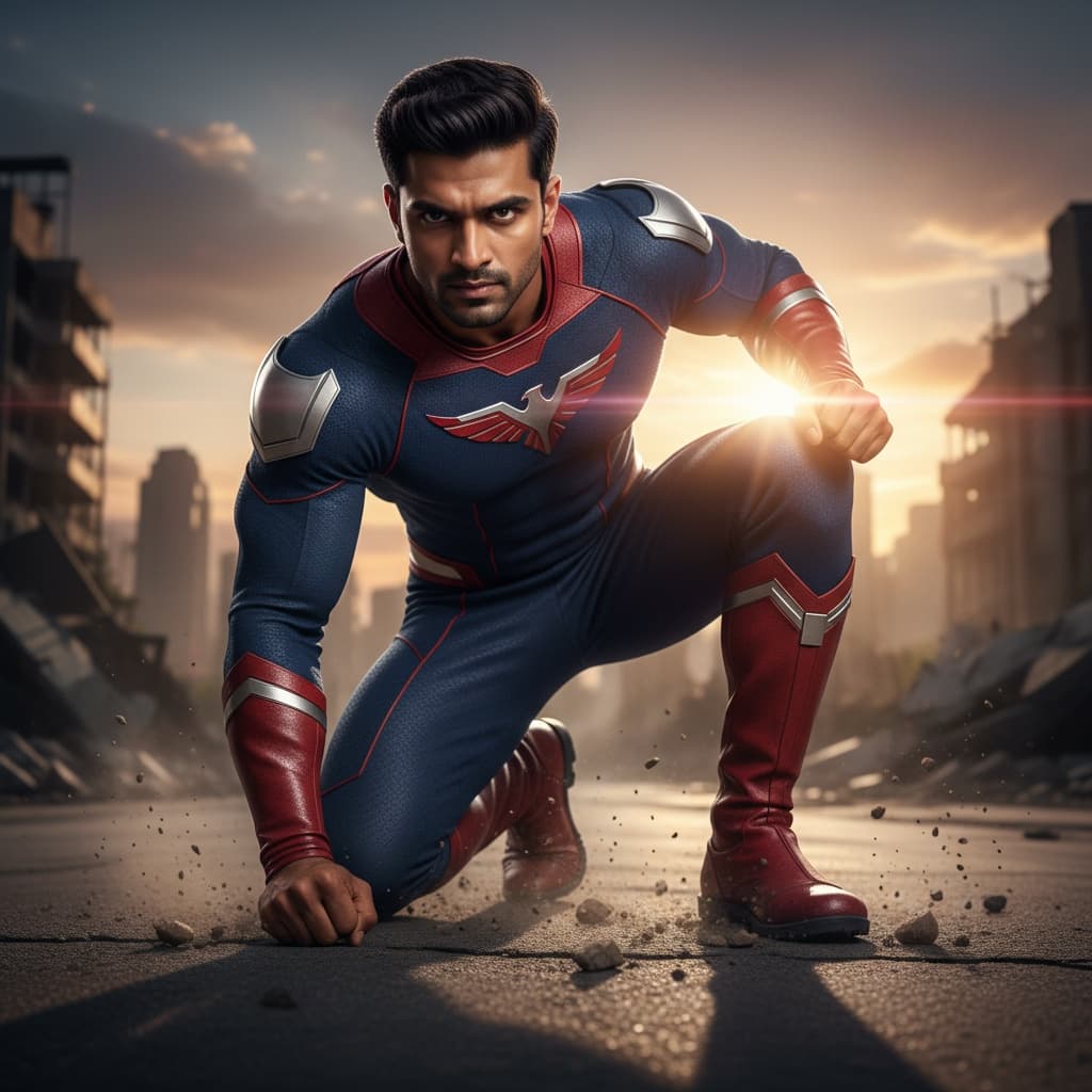 athletic indian man dramatic landing pose 10161258