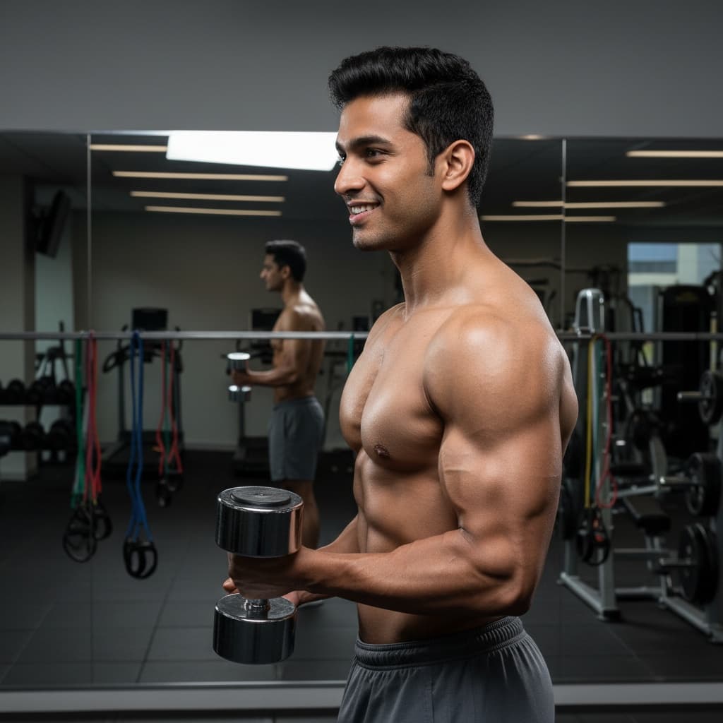 athletic indian man gym mirror side angle 89433415