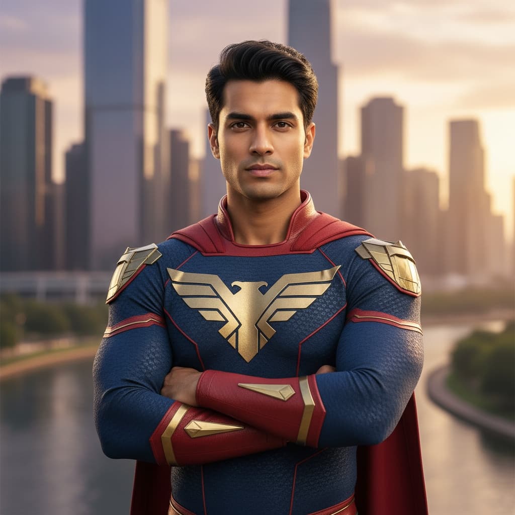 athletic indian man heroic arms crossed portrait 93883404