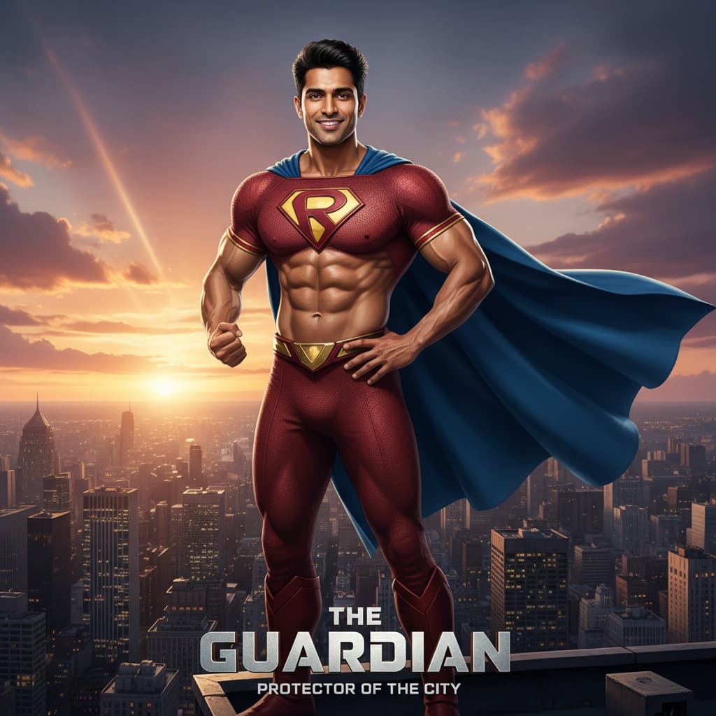 athletic indian man heroic city rooftop pose 54098189