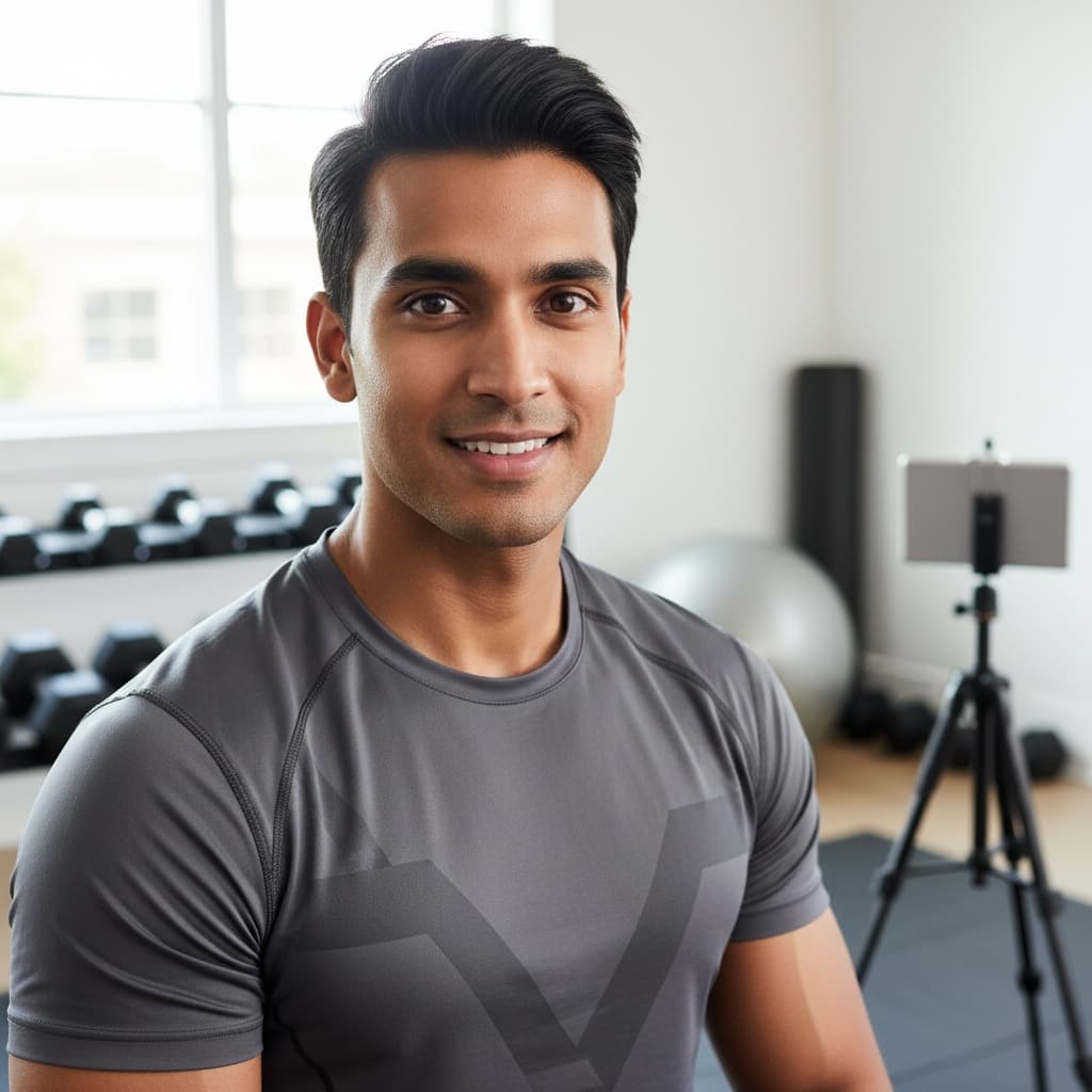 athletic indian man home training setup 34075327