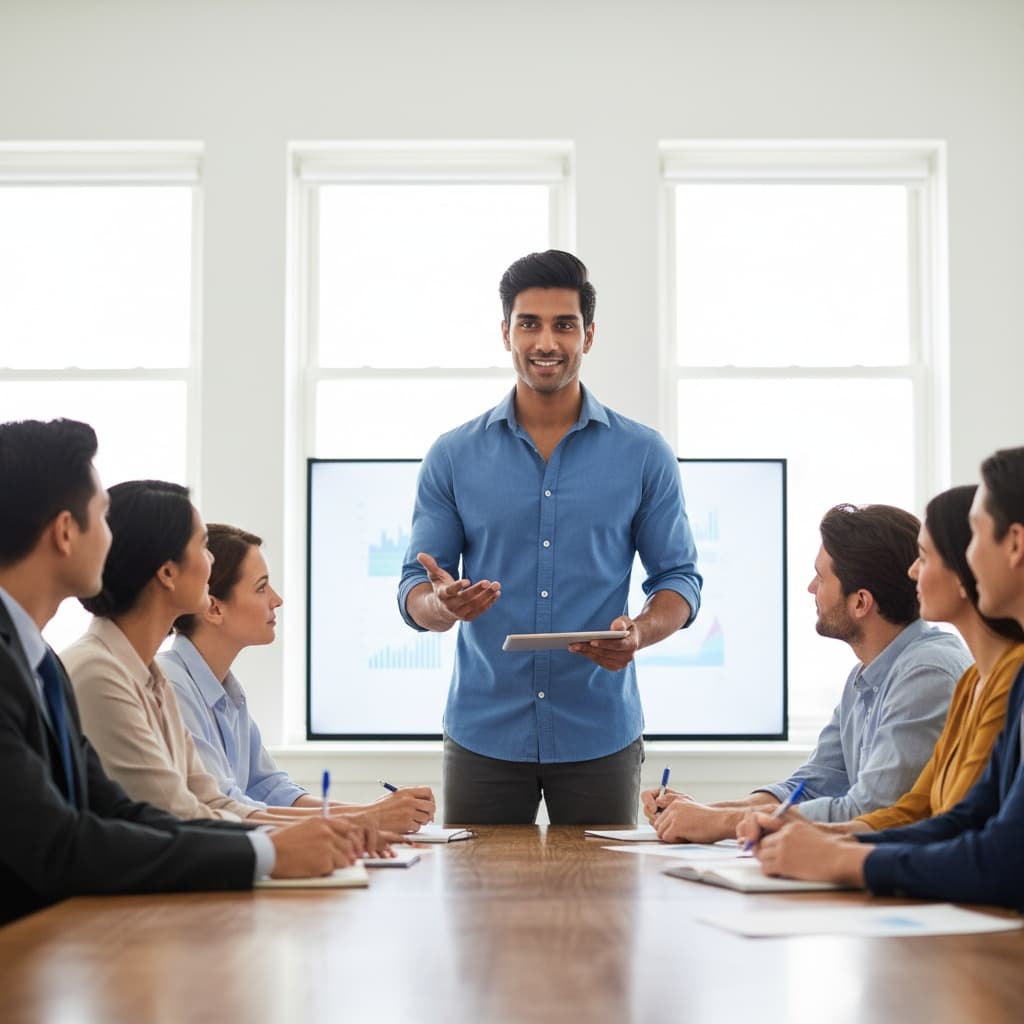 athletic indian man indoor workshop discussion 42998462