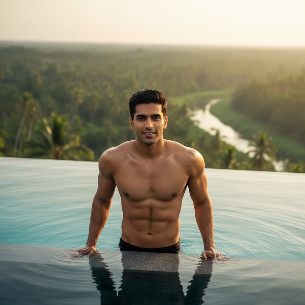athletic indian man infinity pool luxury shot 78146039