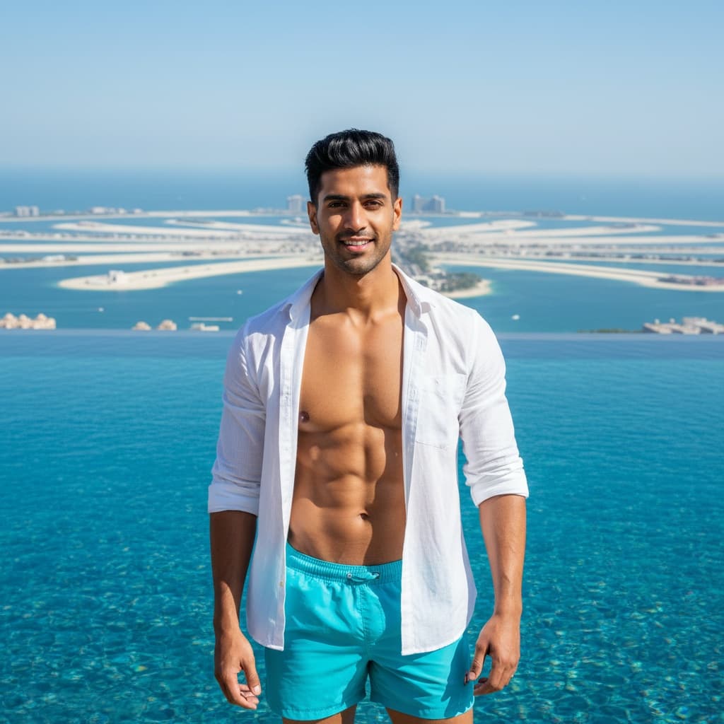 athletic indian man infinity pool palm jumeirah 43008784