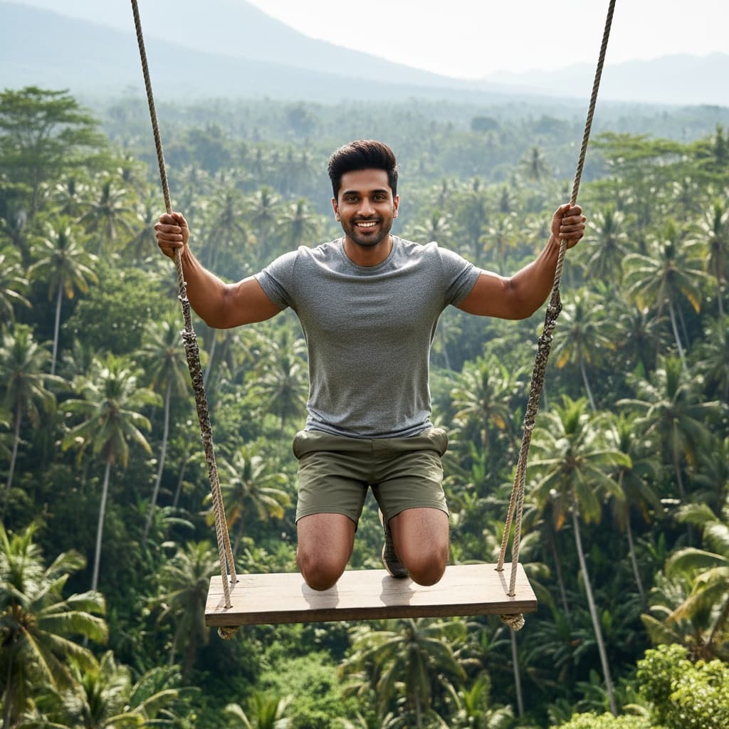 athletic indian man jungle swing action shot 67789875
