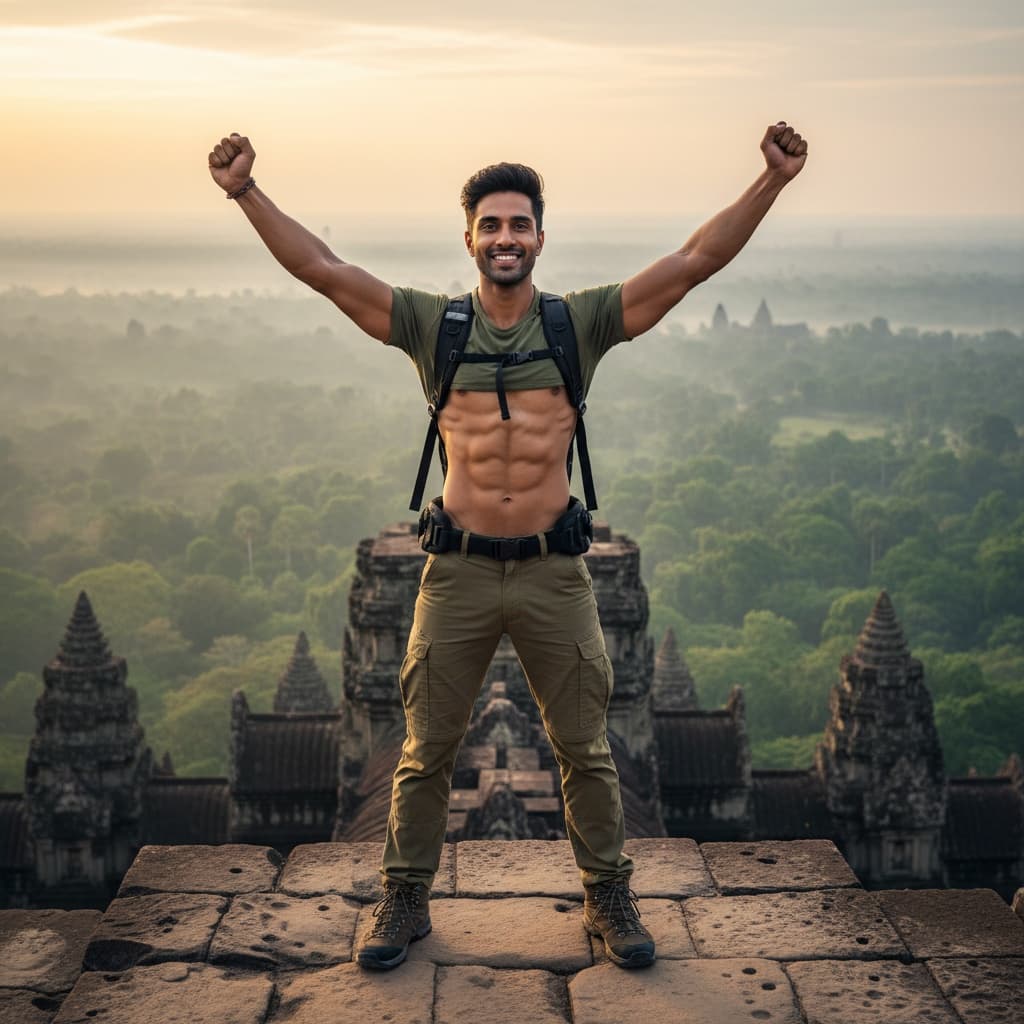 athletic indian man jungle temple aerial view 71338792