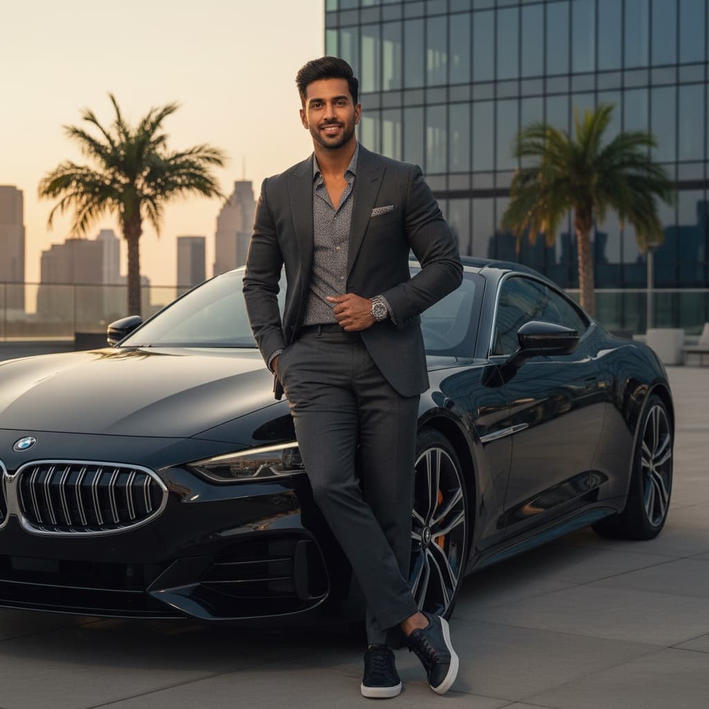 athletic indian man luxury car editorial 39591889