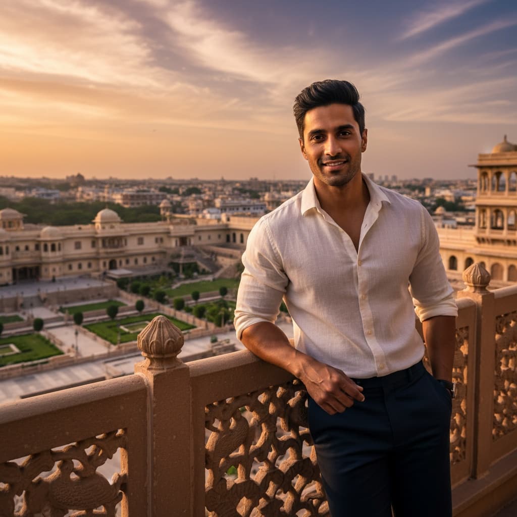 athletic indian man palace balcony overlook 57640137