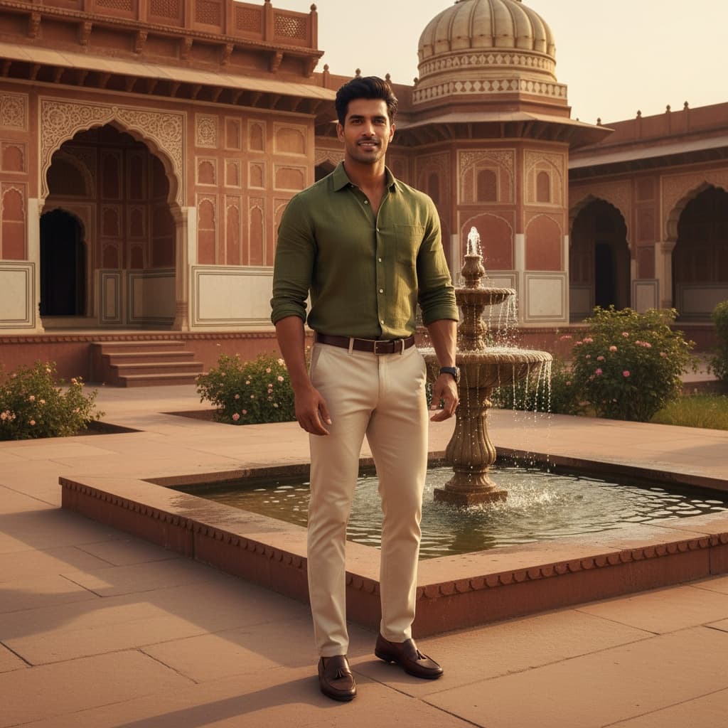 athletic indian man palace courtyard sunset 89236403
