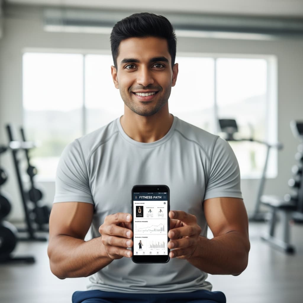 athletic indian man phone app demonstration 96073248